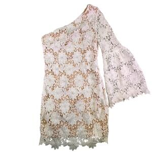 White Floral Lace Lace Dress Women's Small One Shoulder Bell Sleeve Mini Lined